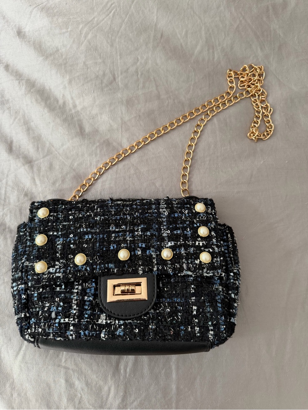 Olivia Miller Classic Black Tweed Chain Shoulder Bag with Pearl Accents